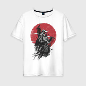 Женская футболка хлопок Oversize с принтом Японский самурай в Екатеринбурге, 100% хлопок | свободный крой, круглый ворот, спущенный рукав, длина до линии бедер
 | белый | воен | катана | красный | меч | пепел | самурай | флаг | черный | япония
