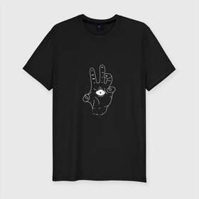 Мужская футболка премиум с принтом Sighted hand в Екатеринбурге, 92% хлопок, 8% лайкра | приталенный силуэт, круглый вырез ворота, длина до линии бедра, короткий рукав | Тематика изображения на принте: глаз | зомби | монстр | рука | рука с глазом | страшный | чудовище