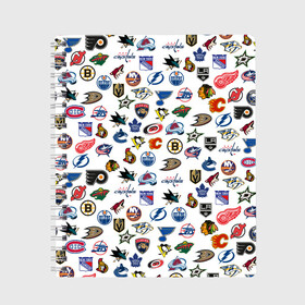Тетрадь с принтом NHL PATTERN (Z) в Екатеринбурге, 100% бумага | 48 листов, плотность листов — 60 г/м2, плотность картонной обложки — 250 г/м2. Листы скреплены сбоку удобной пружинной спиралью. Уголки страниц и обложки скругленные. Цвет линий — светло-серый
 | Тематика изображения на принте: anaheim ducks | arizona coyotes | boston bruins | buffalo sabres | calgary flames | canadiens de montreal | carolina hurricanes | chicago blackhawks | colorado | hockey | nhl | нхл | паттерн | спорт | хоккей