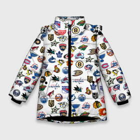 Зимняя куртка для девочек 3D с принтом NHL PATTERN (Z) в Екатеринбурге, ткань верха — 100% полиэстер; подклад — 100% полиэстер, утеплитель — 100% полиэстер. | длина ниже бедра, удлиненная спинка, воротник стойка и отстегивающийся капюшон. Есть боковые карманы с листочкой на кнопках, утяжки по низу изделия и внутренний карман на молнии. 

Предусмотрены светоотражающий принт на спинке, радужный светоотражающий элемент на пуллере молнии и на резинке для утяжки. | anaheim ducks | arizona coyotes | boston bruins | buffalo sabres | calgary flames | canadiens de montreal | carolina hurricanes | chicago blackhawks | colorado | hockey | nhl | нхл | паттерн | спорт | хоккей