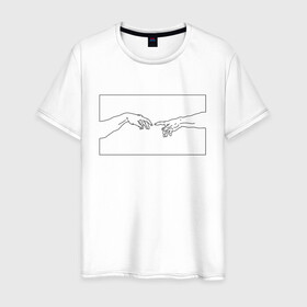 Мужская футболка хлопок с принтом Сотворение Адама в Екатеринбурге, 100% хлопок | прямой крой, круглый вырез горловины, длина до линии бедер, слегка спущенное плечо. | adam | hand | la creazione di adamo | minimalism | адам | божественное касание | божество | картина | микеланджело | минимализм | руки