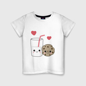 Детская футболка хлопок с принтом Milk and Cookies Love в Екатеринбурге, 100% хлопок | круглый вырез горловины, полуприлегающий силуэт, длина до линии бедер | Тематика изображения на принте: coockie | friend | minimalism | дружба | любовь | минимализм | молоко | печенье | печенька | печеньки