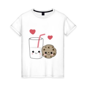 Женская футболка хлопок с принтом Milk and Cookies Love в Екатеринбурге, 100% хлопок | прямой крой, круглый вырез горловины, длина до линии бедер, слегка спущенное плечо | coockie | friend | minimalism | дружба | любовь | минимализм | молоко | печенье | печенька | печеньки