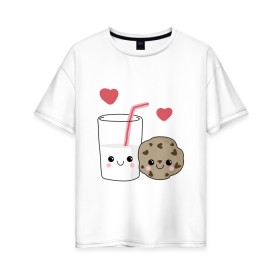 Женская футболка хлопок Oversize с принтом Milk and Cookies Love в Екатеринбурге, 100% хлопок | свободный крой, круглый ворот, спущенный рукав, длина до линии бедер
 | coockie | friend | minimalism | дружба | любовь | минимализм | молоко | печенье | печенька | печеньки