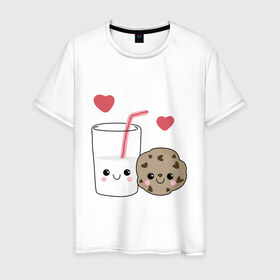 Мужская футболка хлопок с принтом Milk and Cookies Love в Екатеринбурге, 100% хлопок | прямой крой, круглый вырез горловины, длина до линии бедер, слегка спущенное плечо. | coockie | friend | minimalism | дружба | любовь | минимализм | молоко | печенье | печенька | печеньки