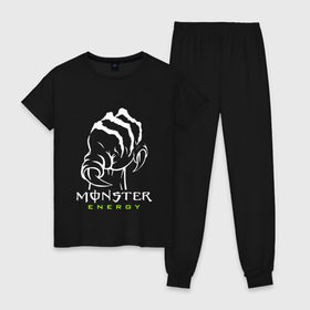 Женская пижама хлопок с принтом MONSTER ENERGY (Z) в Екатеринбурге, 100% хлопок | брюки и футболка прямого кроя, без карманов, на брюках мягкая резинка на поясе и по низу штанин | black monster | bmx | claw | cybersport | energy | monster | monster energy | moto | motocross | race | sport | киберспорт | когти | монстер энерджи | монстр | мото | мотокросс | ралли | скейтбординг | спорт | т | энергия