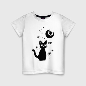 Детская футболка хлопок с принтом Jiji Cat в Екатеринбурге, 100% хлопок | круглый вырез горловины, полуприлегающий силуэт, длина до линии бедер | Тематика изображения на принте: cat | jiji | kitty | аниме | ведьма | гибли | джиджи | животные | кот | котенок | кошка | миядзаки | мульт | мультфильм | тоторо