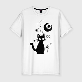 Мужская футболка хлопок Slim с принтом Jiji Cat в Екатеринбурге, 92% хлопок, 8% лайкра | приталенный силуэт, круглый вырез ворота, длина до линии бедра, короткий рукав | cat | jiji | kitty | аниме | ведьма | гибли | джиджи | животные | кот | котенок | кошка | миядзаки | мульт | мультфильм | тоторо