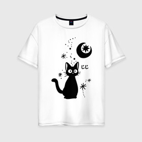 Женская футболка хлопок Oversize с принтом Jiji Cat в Екатеринбурге, 100% хлопок | свободный крой, круглый ворот, спущенный рукав, длина до линии бедер
 | cat | jiji | kitty | аниме | ведьма | гибли | джиджи | животные | кот | котенок | кошка | миядзаки | мульт | мультфильм | тоторо