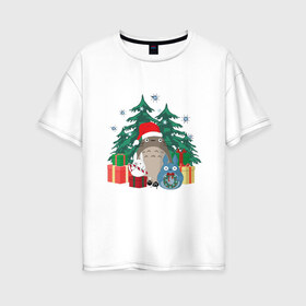 Женская футболка хлопок Oversize с принтом New Year Totoro в Екатеринбурге, 100% хлопок | свободный крой, круглый ворот, спущенный рукав, длина до линии бедер
 | forest | ghibli | japan | miyazaki | nature | neigbor | neighbour | new | totoro | анимация | аниме | гибли | друг | животные | лес | любовь | милый | мир | миядзаки | мульт | мультфильм | новый год | приключения | природа | сказка | сосед 