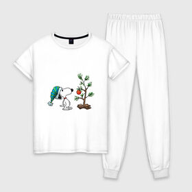 Женская пижама хлопок с принтом Снупи и ёлка в Екатеринбурге, 100% хлопок | брюки и футболка прямого кроя, без карманов, на брюках мягкая резинка на поясе и по низу штанин | 