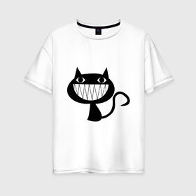 Женская футболка хлопок Oversize с принтом Кошка с улыбкой в Екатеринбурге, 100% хлопок | свободный крой, круглый ворот, спущенный рукав, длина до линии бедер
 | животные | звери | зло | зубы | картинки | кошка | прикольные | смех