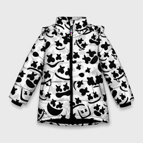 Зимняя куртка для девочек 3D с принтом MARSHMELLO FACE в Екатеринбурге, ткань верха — 100% полиэстер; подклад — 100% полиэстер, утеплитель — 100% полиэстер. | длина ниже бедра, удлиненная спинка, воротник стойка и отстегивающийся капюшон. Есть боковые карманы с листочкой на кнопках, утяжки по низу изделия и внутренний карман на молнии. 

Предусмотрены светоотражающий принт на спинке, радужный светоотражающий элемент на пуллере молнии и на резинке для утяжки. | deadmau5 | fortnite | fortnite 2 | fortnite x маршмелло | ikonik | marshmello | ninja | ninja streamer | raven | travis scott | ворон | иконик | ниндзя | пили | рейвен | трэвис скотт | фортнайт