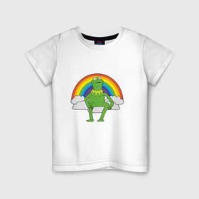 Детская футболка хлопок с принтом Лягушонок Кермит в Екатеринбурге, 100% хлопок | круглый вырез горловины, полуприлегающий силуэт, длина до линии бедер | Тематика изображения на принте: rainbow | герой | животные | зелёный | кермит | лягушка | мультик | мультфильм | персонаж | радуга | улица сезам | цветной