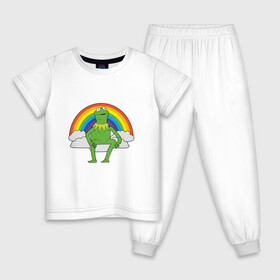 Детская пижама хлопок с принтом Лягушонок Кермит в Екатеринбурге, 100% хлопок |  брюки и футболка прямого кроя, без карманов, на брюках мягкая резинка на поясе и по низу штанин
 | Тематика изображения на принте: rainbow | герой | животные | зелёный | кермит | лягушка | мультик | мультфильм | персонаж | радуга | улица сезам | цветной