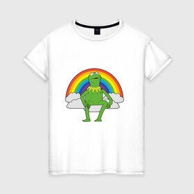 Женская футболка хлопок с принтом Лягушонок Кермит в Екатеринбурге, 100% хлопок | прямой крой, круглый вырез горловины, длина до линии бедер, слегка спущенное плечо | rainbow | герой | животные | зелёный | кермит | лягушка | мультик | мультфильм | персонаж | радуга | улица сезам | цветной
