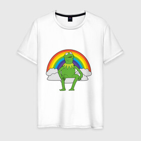 Мужская футболка хлопок с принтом Лягушонок Кермит в Екатеринбурге, 100% хлопок | прямой крой, круглый вырез горловины, длина до линии бедер, слегка спущенное плечо. | Тематика изображения на принте: rainbow | герой | животные | зелёный | кермит | лягушка | мультик | мультфильм | персонаж | радуга | улица сезам | цветной