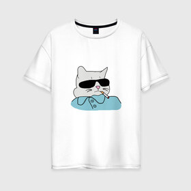 Женская футболка хлопок Oversize с принтом Крутой кот в Екатеринбурге, 100% хлопок | свободный крой, круглый ворот, спущенный рукав, длина до линии бедер
 | mem | арт | животные | картинка | кот в очках | котик | кошка | мем | прикол | рисунок | смешной кот