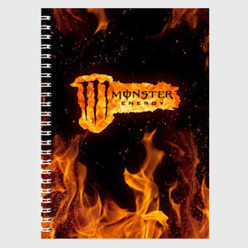 Тетрадь с принтом FIRE MONSTER ENERGY (Z) в Екатеринбурге, 100% бумага | 48 листов, плотность листов — 60 г/м2, плотность картонной обложки — 250 г/м2. Листы скреплены сбоку удобной пружинной спиралью. Уголки страниц и обложки скругленные. Цвет линий — светло-серый
 | black monster | bmx | claw | energy | fire | monster | monster energy | moto | motocross | race | sport | киберспорт | когти | монстер энерджи | монстр | мото | мотокросс | огонь | ралли | скейтбординг | спорт | энергия
