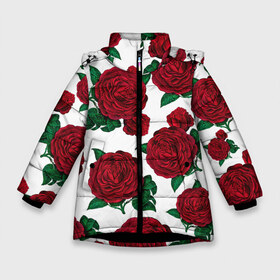 Зимняя куртка для девочек 3D с принтом Винтажные розы в Екатеринбурге, ткань верха — 100% полиэстер; подклад — 100% полиэстер, утеплитель — 100% полиэстер. | длина ниже бедра, удлиненная спинка, воротник стойка и отстегивающийся капюшон. Есть боковые карманы с листочкой на кнопках, утяжки по низу изделия и внутренний карман на молнии. 

Предусмотрены светоотражающий принт на спинке, радужный светоотражающий элемент на пуллере молнии и на резинке для утяжки. | Тематика изображения на принте: flowers | pattern | алые | бутоны | винный | винтаж | винтажные | готика | готический | девушкам | женщинам | красныерозы | лепестки | лето | листья | любовь | нежность | паттерн | подарок | праздник | природа