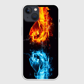 Чехол для iPhone 13 с принтом Огонь и Вода (противостояние) в Екатеринбурге,  |  | dark | битва | битваогней | бокс | борьба | брызги | вода | волна | дракон | иньянь | искры | крутой | лед | мужчинам | неоновый | огненный | огонь | пламенный | пламя | притяжение | против