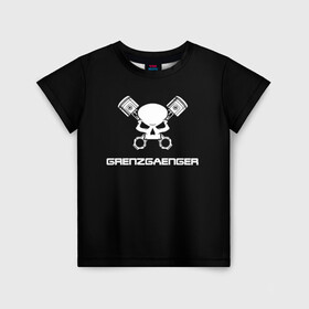 Детская футболка 3D с принтом Grenzgaenger в Екатеринбурге, 100% гипоаллергенный полиэфир | прямой крой, круглый вырез горловины, длина до линии бедер, чуть спущенное плечо, ткань немного тянется | Тематика изображения на принте: grenzgaenger | авто | байк | байкер | гонки | гонщик | двигатель | механик | мото | поршень | череп