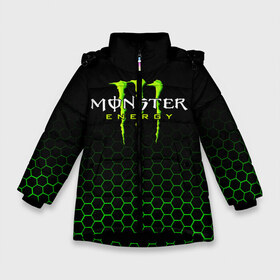 Зимняя куртка для девочек 3D с принтом MONSTER ENERGY в Екатеринбурге, ткань верха — 100% полиэстер; подклад — 100% полиэстер, утеплитель — 100% полиэстер. | длина ниже бедра, удлиненная спинка, воротник стойка и отстегивающийся капюшон. Есть боковые карманы с листочкой на кнопках, утяжки по низу изделия и внутренний карман на молнии. 

Предусмотрены светоотражающий принт на спинке, радужный светоотражающий элемент на пуллере молнии и на резинке для утяжки. | black monster | bmx | claw | cybersport | energy | monster | monster energy | moto | motocross | race | sport | киберспорт | когти | монстер энерджи | монстр | мото | мотокросс | ралли | скейтбординг | спорт | энергия