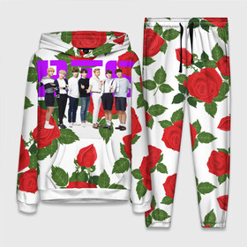 Женский костюм 3D (с толстовкой) с принтом BTS Roses | White в Екатеринбурге,  |  | bangtan boys | bt21 | bts | bts army | j hope | jimin | jin | jungkook | k pop | korea | korean | pink bts | rap monster | rapmon | suga | v | бтс | кей | корейские | корея | кэй | музыканты | поп | розовая | стикеры