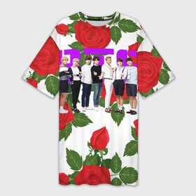 Платье-футболка 3D с принтом BTS Roses | White в Екатеринбурге,  |  | bangtan boys | bt21 | bts | bts army | j hope | jimin | jin | jungkook | k pop | korea | korean | pink bts | rap monster | rapmon | suga | v | бтс | кей | корейские | корея | кэй | музыканты | поп | розовая | стикеры