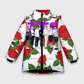 Зимняя куртка для девочек 3D с принтом BTS Roses White в Екатеринбурге, ткань верха — 100% полиэстер; подклад — 100% полиэстер, утеплитель — 100% полиэстер. | длина ниже бедра, удлиненная спинка, воротник стойка и отстегивающийся капюшон. Есть боковые карманы с листочкой на кнопках, утяжки по низу изделия и внутренний карман на молнии. 

Предусмотрены светоотражающий принт на спинке, радужный светоотражающий элемент на пуллере молнии и на резинке для утяжки. | Тематика изображения на принте: bangtan boys | bt21 | bts | bts army | j hope | jimin | jin | jungkook | k pop | korea | korean | pink bts | rap monster | rapmon | suga | v | бтс | кей | корейские | корея | кэй | музыканты | поп | розовая | стикеры