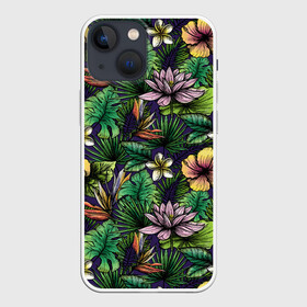 Чехол для iPhone 13 mini с принтом Летние цветы в Екатеринбурге,  |  | summer | джунгли | краски | летняя | лето | листы | листья | надпись | настроение | отдых | отпуск | пальмы | пляжная | позитив | стиль | тропики | тропическая | цветочки | цветы | яркая