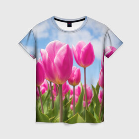 Женская футболка 3D с принтом Розовые тюльпаны в Екатеринбурге, 100% полиэфир ( синтетическое хлопкоподобное полотно) | прямой крой, круглый вырез горловины, длина до линии бедер | flowers | бутоны | дача | девушке | женщинам | лепестки | летний | лето | листья | любимая | любовь | небесный | небо | нежный | облака | поляна | природа | растения | романтика | сад | синеенебо | солнечный