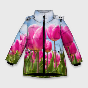 Зимняя куртка для девочек 3D с принтом Розовые тюльпаны в Екатеринбурге, ткань верха — 100% полиэстер; подклад — 100% полиэстер, утеплитель — 100% полиэстер. | длина ниже бедра, удлиненная спинка, воротник стойка и отстегивающийся капюшон. Есть боковые карманы с листочкой на кнопках, утяжки по низу изделия и внутренний карман на молнии. 

Предусмотрены светоотражающий принт на спинке, радужный светоотражающий элемент на пуллере молнии и на резинке для утяжки. | flowers | бутоны | дача | девушке | женщинам | лепестки | летний | лето | листья | любимая | любовь | небесный | небо | нежный | облака | поляна | природа | растения | романтика | сад | синеенебо | солнечный