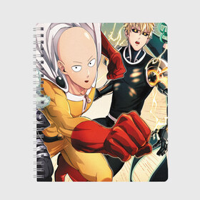 Тетрадь с принтом One Punch Man в Екатеринбурге, 100% бумага | 48 листов, плотность листов — 60 г/м2, плотность картонной обложки — 250 г/м2. Листы скреплены сбоку удобной пружинной спиралью. Уголки страниц и обложки скругленные. Цвет линий — светло-серый
 | Тематика изображения на принте: one punch man | saitama | ванпанчмен | герои | люди | персонажи | сайтама