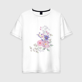 Женская футболка хлопок Oversize с принтом Акварельный цветы в Екатеринбурге, 100% хлопок | свободный крой, круглый ворот, спущенный рукав, длина до линии бедер
 | акварель | арт | зеленый | лето | полевые цветы | рисунок | розовый | синий | фиолетовый | цветы