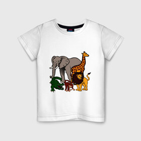 Детская футболка хлопок с принтом Африка в Екатеринбурге, 100% хлопок | круглый вырез горловины, полуприлегающий силуэт, длина до линии бедер | Тематика изображения на принте: африка | детские | животные | жираф | звери | зоопарк | картинки | крокодил | лев | мультфильмы | обезьяна | прикольные | природа | слон