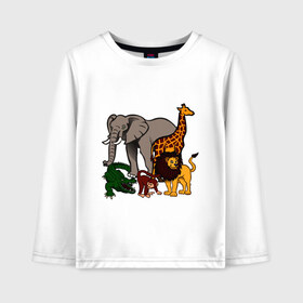 Детский лонгслив хлопок с принтом Африка в Екатеринбурге, 100% хлопок | круглый вырез горловины, полуприлегающий силуэт, длина до линии бедер | африка | детские | животные | жираф | звери | зоопарк | картинки | крокодил | лев | мультфильмы | обезьяна | прикольные | природа | слон