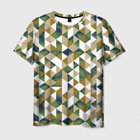 Мужская футболка 3D с принтом Хипстерские треугольники в Екатеринбурге, 100% полиэфир | прямой крой, круглый вырез горловины, длина до линии бедер | hawaii | hipster | pattern | summer | гаваи | гавайи | гавайская | летняя | лето | листы | листья | модная | отдых | отпуск | пальмы | паттерн | текстура | треугольники | хипстер | яркая