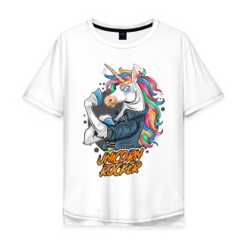 Мужская футболка хлопок Oversize с принтом Unicorn Rocker в Екатеринбурге, 100% хлопок | свободный крой, круглый ворот, “спинка” длиннее передней части | art | rock | rocker | unicorn | арт | единорог | животные | картинка | рисунок | рок | рокер