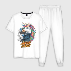 Мужская пижама хлопок с принтом Unicorn Rocker в Екатеринбурге, 100% хлопок | брюки и футболка прямого кроя, без карманов, на брюках мягкая резинка на поясе и по низу штанин
 | art | rock | rocker | unicorn | арт | единорог | животные | картинка | рисунок | рок | рокер