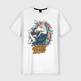 Мужская футболка премиум с принтом Unicorn Rocker в Екатеринбурге, 92% хлопок, 8% лайкра | приталенный силуэт, круглый вырез ворота, длина до линии бедра, короткий рукав | art | rock | rocker | unicorn | арт | единорог | животные | картинка | рисунок | рок | рокер