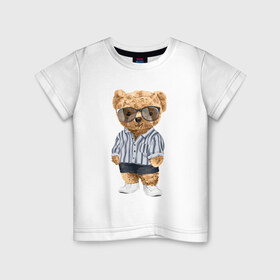 Детская футболка хлопок с принтом Модный плюшевый медведь в Екатеринбурге, 100% хлопок | круглый вырез горловины, полуприлегающий силуэт, длина до линии бедер | Тематика изображения на принте: арт | животные | игрушка | картинка | крутой медведь | медведь | медвежонок | мишка | мода | модный медведь | плюшевый | плюшевый медведь | рисунок