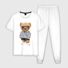 Мужская пижама хлопок с принтом Модный плюшевый медведь в Екатеринбурге, 100% хлопок | брюки и футболка прямого кроя, без карманов, на брюках мягкая резинка на поясе и по низу штанин
 | арт | животные | игрушка | картинка | крутой медведь | медведь | медвежонок | мишка | мода | модный медведь | плюшевый | плюшевый медведь | рисунок
