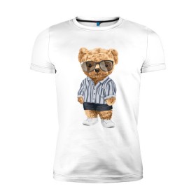 Мужская футболка премиум с принтом Модный плюшевый медведь в Екатеринбурге, 92% хлопок, 8% лайкра | приталенный силуэт, круглый вырез ворота, длина до линии бедра, короткий рукав | арт | животные | игрушка | картинка | крутой медведь | медведь | медвежонок | мишка | мода | модный медведь | плюшевый | плюшевый медведь | рисунок
