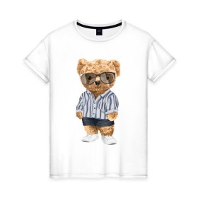 Женская футболка хлопок с принтом Модный плюшевый медведь в Екатеринбурге, 100% хлопок | прямой крой, круглый вырез горловины, длина до линии бедер, слегка спущенное плечо | арт | животные | игрушка | картинка | крутой медведь | медведь | медвежонок | мишка | мода | модный медведь | плюшевый | плюшевый медведь | рисунок