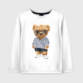 Детский лонгслив хлопок с принтом Модный плюшевый медведь в Екатеринбурге, 100% хлопок | круглый вырез горловины, полуприлегающий силуэт, длина до линии бедер | арт | животные | игрушка | картинка | крутой медведь | медведь | медвежонок | мишка | мода | модный медведь | плюшевый | плюшевый медведь | рисунок