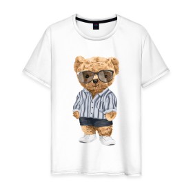 Мужская футболка хлопок с принтом Модный плюшевый медведь в Екатеринбурге, 100% хлопок | прямой крой, круглый вырез горловины, длина до линии бедер, слегка спущенное плечо. | Тематика изображения на принте: арт | животные | игрушка | картинка | крутой медведь | медведь | медвежонок | мишка | мода | модный медведь | плюшевый | плюшевый медведь | рисунок