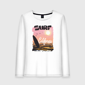 Женский лонгслив хлопок с принтом Surf California в Екатеринбурге, 100% хлопок |  | america | california | skate | summer | surf | travel | usa | америка | доска | калифорния | лето | надпись | отдых | отпуск | сёрф | сёрфинг | скейт | сша | узор | узоры | шрифт