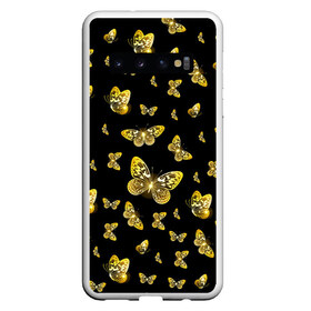 Чехол для Samsung Galaxy S10 с принтом Golden Butterfly pattern в Екатеринбурге, Силикон | Область печати: задняя сторона чехла, без боковых панелей | black | pattern | summer | wings | ангел | бабочка | бабочки | блестки | блестящий | девушке | желтые | животные | звери | золото | золотые | крылья | летать | летний | лето | мотылек | насекомое | ночные | паттерн