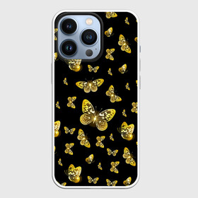 Чехол для iPhone 13 Pro с принтом Golden Butterfly pattern в Екатеринбурге,  |  | black | pattern | summer | wings | ангел | бабочка | бабочки | блестки | блестящий | девушке | желтые | животные | звери | золото | золотые | крылья | летать | летний | лето | мотылек | насекомое | ночные | паттерн